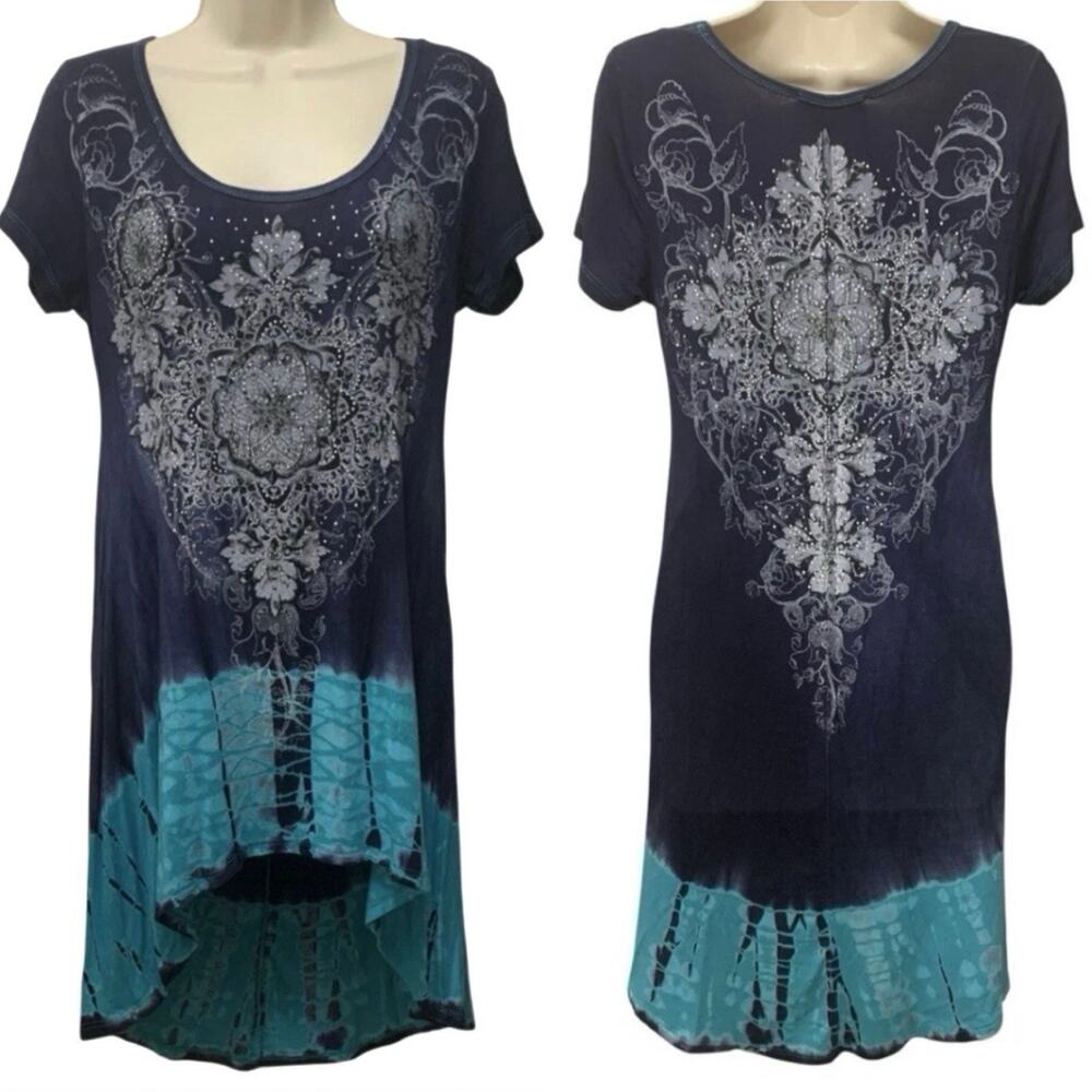 Vocal USA Tunic Top M Blue Ombre Rhinestone High Low Boho Western